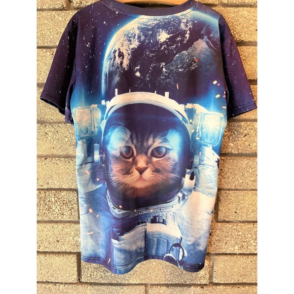 Astronaut Cat Graphic T-Shirt Large Space Galaxy Print Polyester/Spandex Unisex - Picture 5 of 6